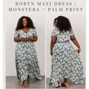 Baltic Born Maxi Dress Sz 3XL Robyn Monstera Palm Green V Neck Button Up Smocked
